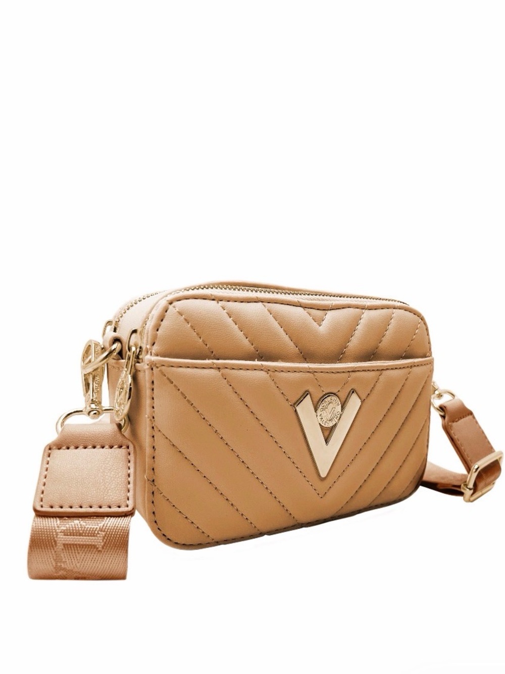 Valentino Orlandi Tan Quilted Crossbody with Gold V Emblem